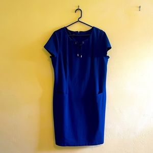 Talbot's 16 Ponte Cobalt Bright Blue Shortsleeve Dress Lace Detail with Pockets